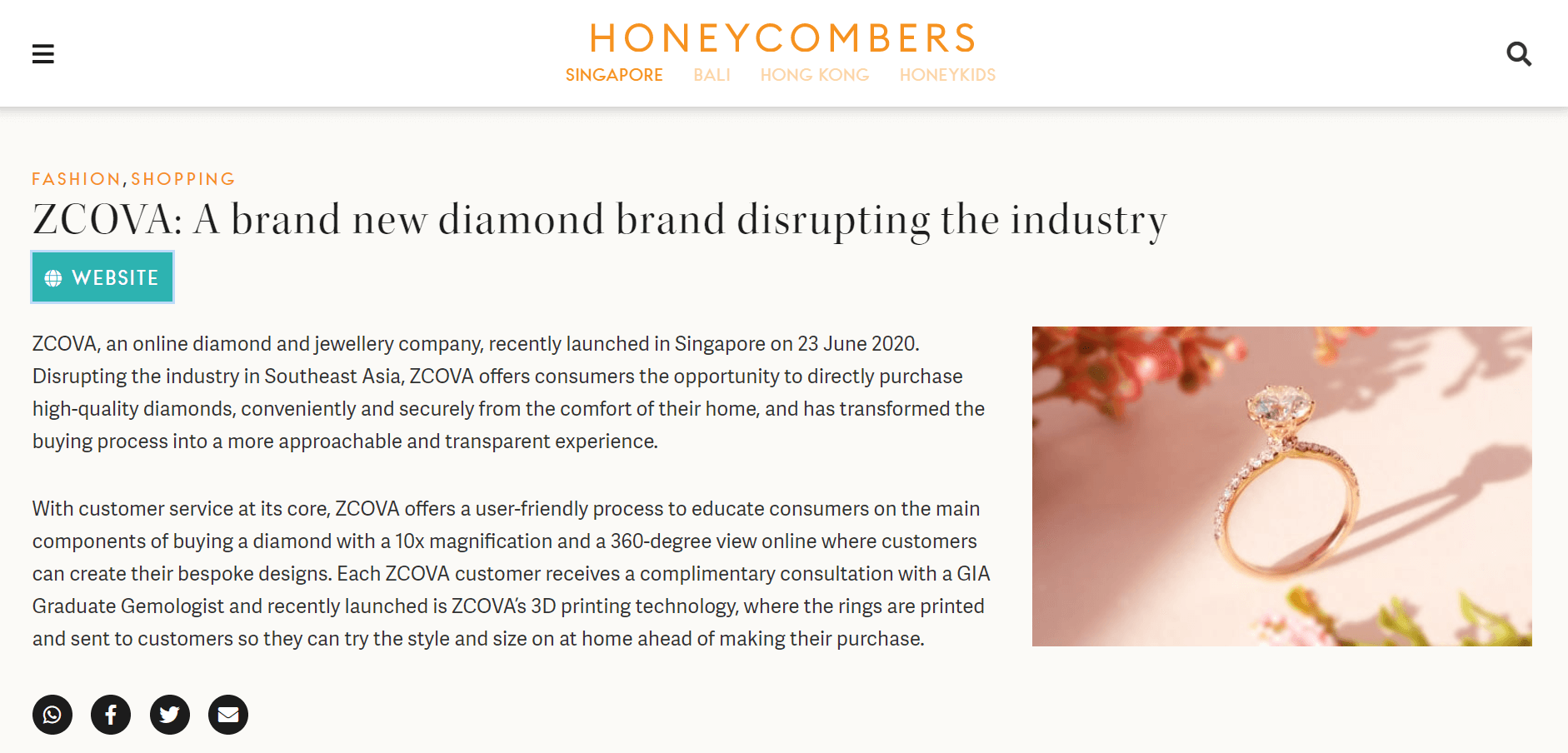Zcova in Honeycomber - purchasing diamonds online in Singapore