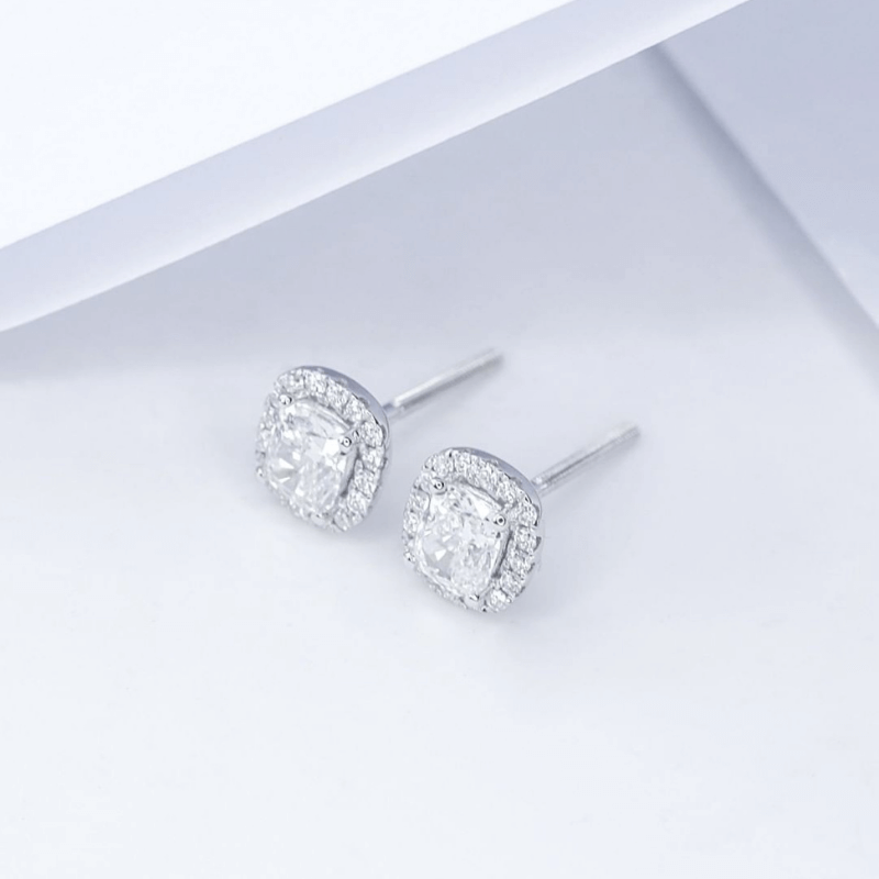 gia diamond carat cushion shape halo pave earring in 18k gold