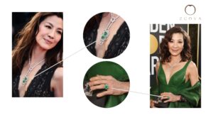 Michelle Yeoh Crazy Rich Asian 2.84CT Emerald Gemstone Ring and Necklace
