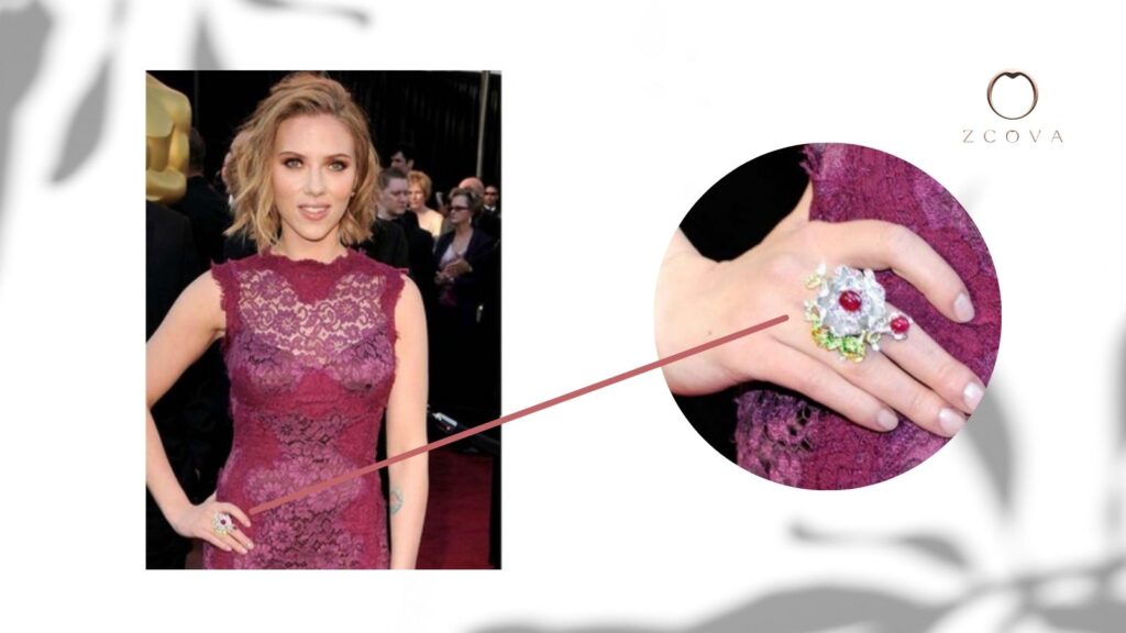 Scarlett Johansson wearing Anna Hu Dragon Flower Ruby Gemstone ring