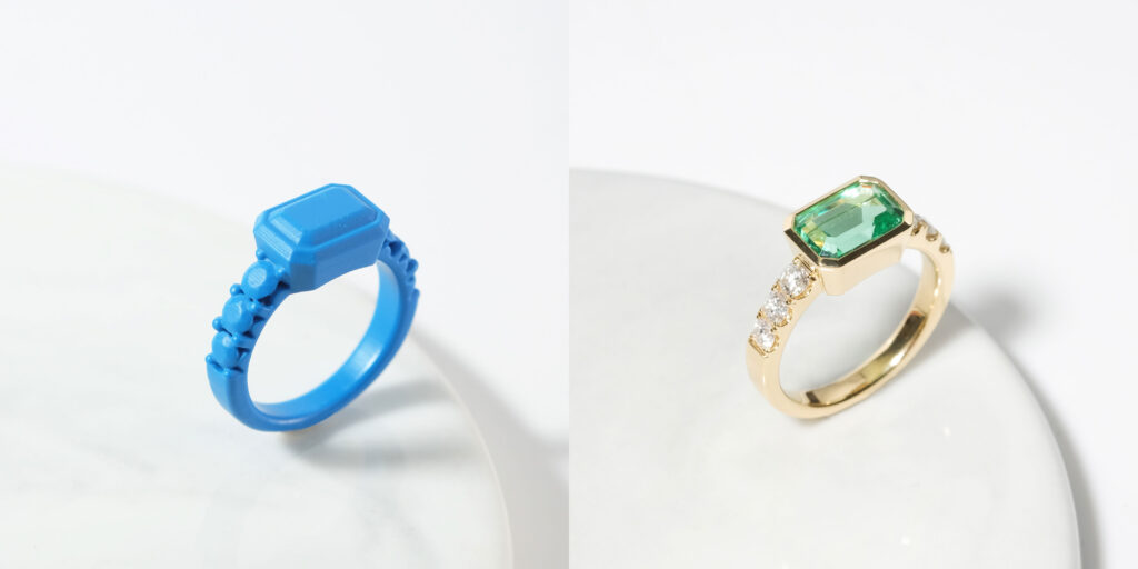 3D Print Ring & Emerald Gemstone Engagement Ring