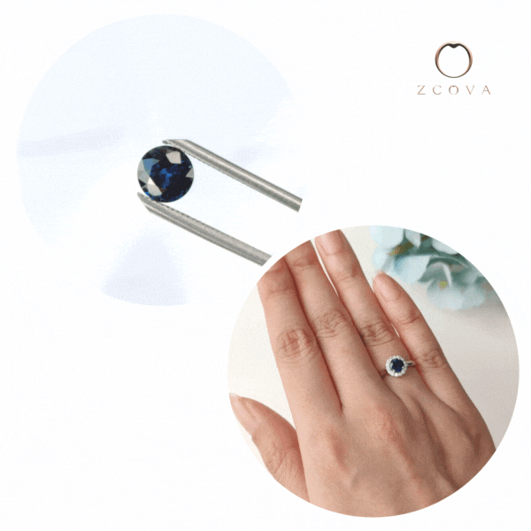 vivid blue round sapphire gemstone halo engagement ring