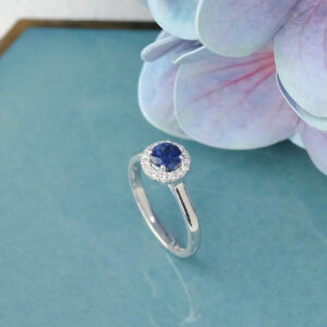Round Blue Sapphire Halo diamond solitaire engagement ring