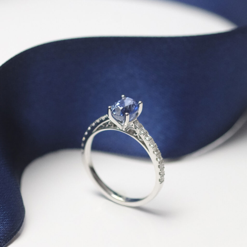 Blue Sapphire gemstone on Victorian Cathedral Solitaire Engagement ring