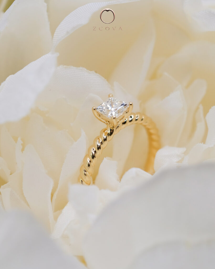 18K Yellow Gold Princess Diamond with twisted band engagement ring