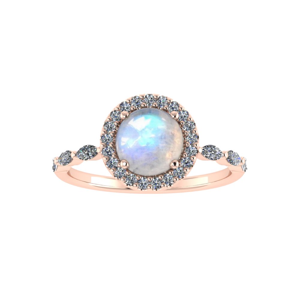 Round cut moonstone with halo setting and marquise diamond engagement ring
