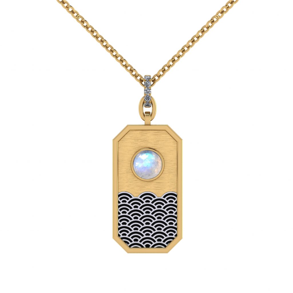 Moonstone with Japanese wave rectangular pendant necklace