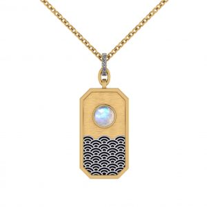 Moonstone with Japanese wave rectangular pendant necklace