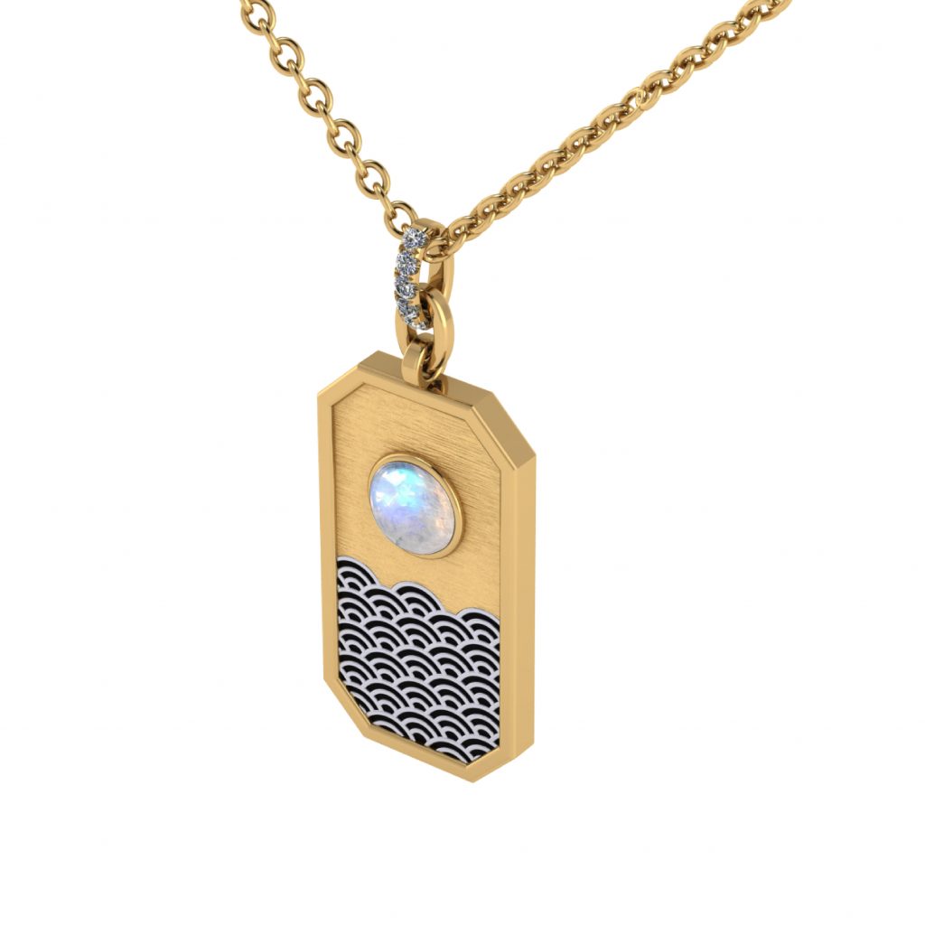 Moonstone with Japanese wave rectangular pendant necklace