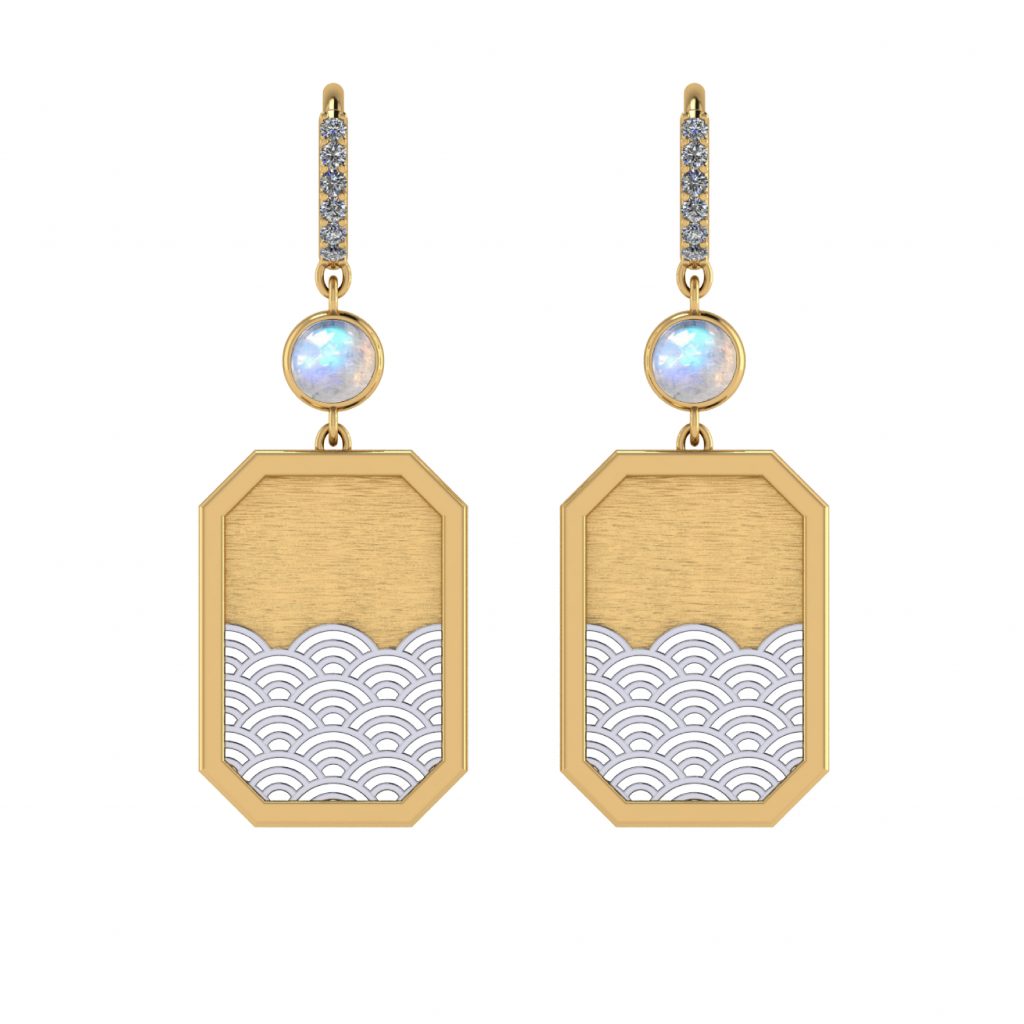 Moonstone Dangling rectangular earring with japanese wave