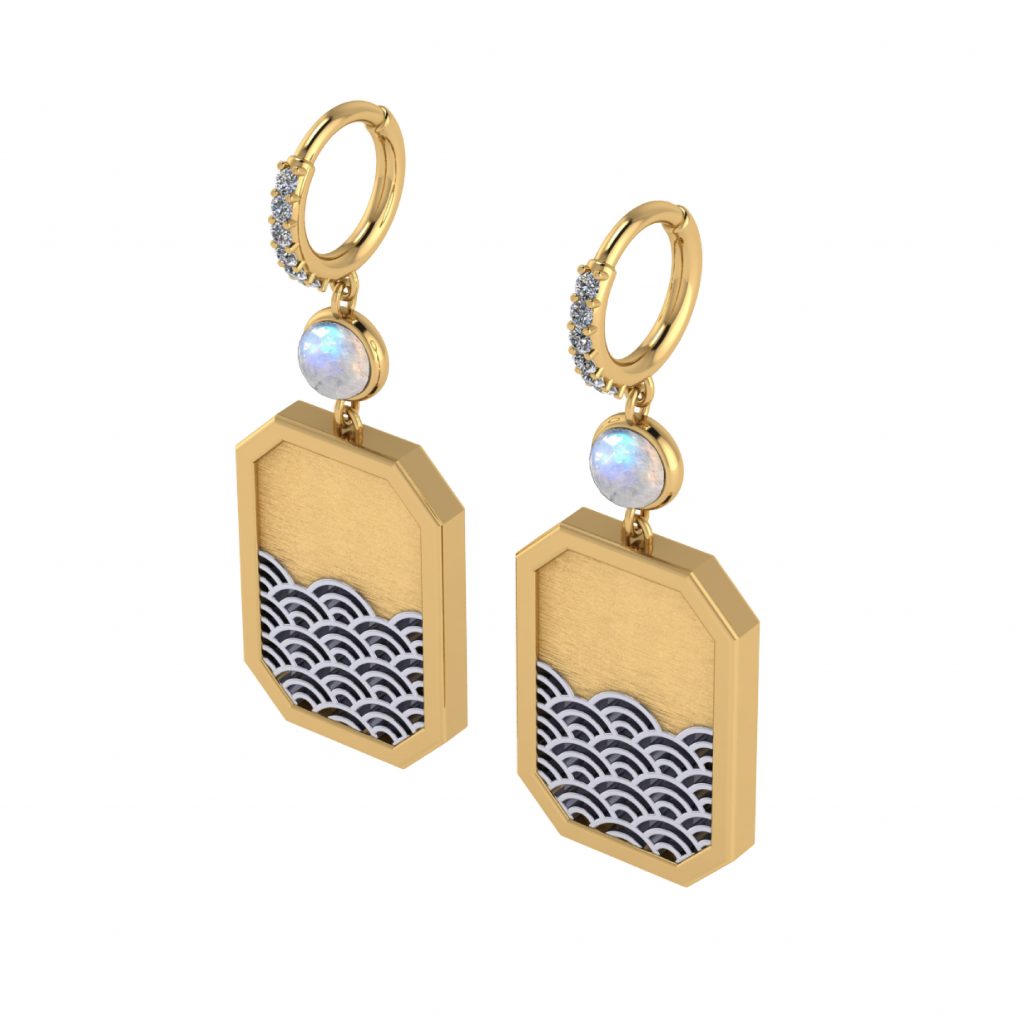 Moonstone Dangling earring with rectangular japanese wave