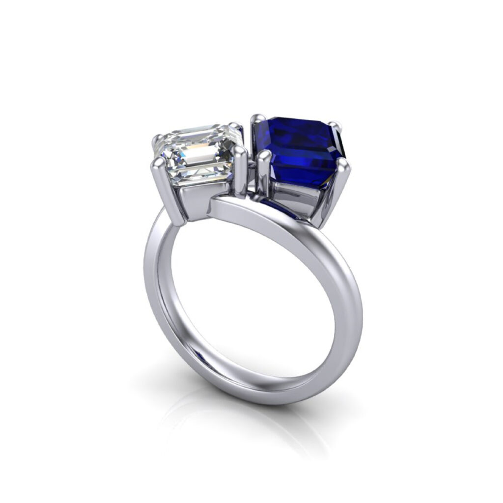 Toi et Moi, Blue sapphire and diamond engagement ring inspired by Empress Josephine