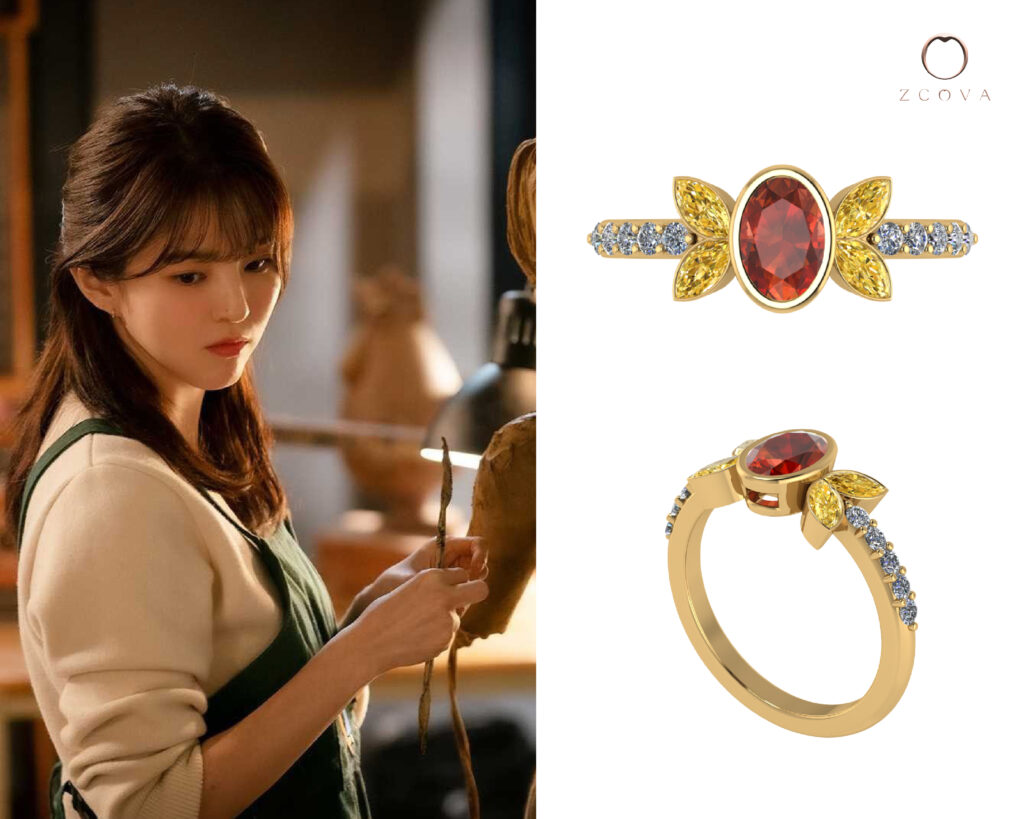 Ruby and citrine ring with pave diamond inspired by butterfly tattoo from nevertheless kdrama