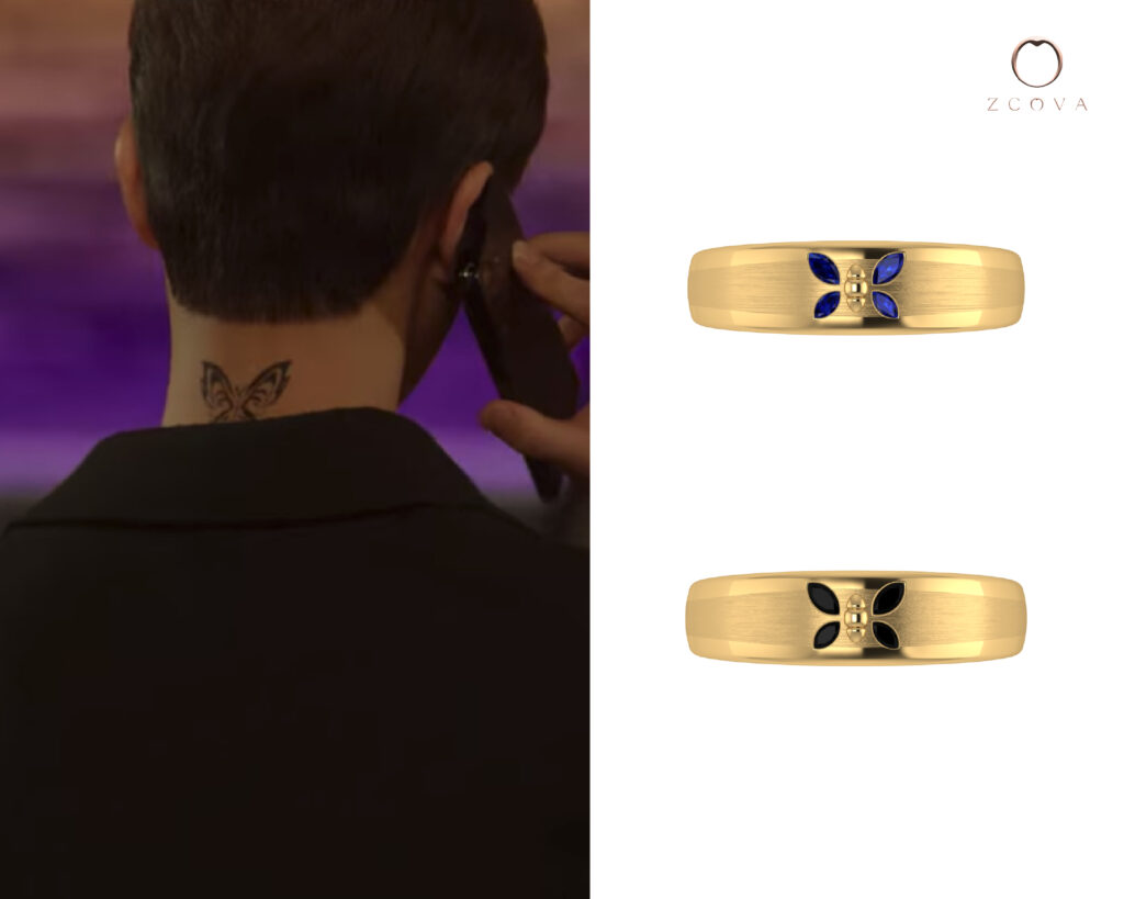 Marquise Blue Sapphire Gemstone and Marquise Black Spinel Ring inspired by butterfly tattoo from nevertheless kdrama