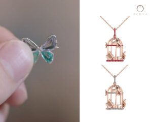 Butterfly Cage Pendant Necklace with gemstones and diamonds inspired by Park Jae-eon butterfly tattoo in Nevertheless Kdrama