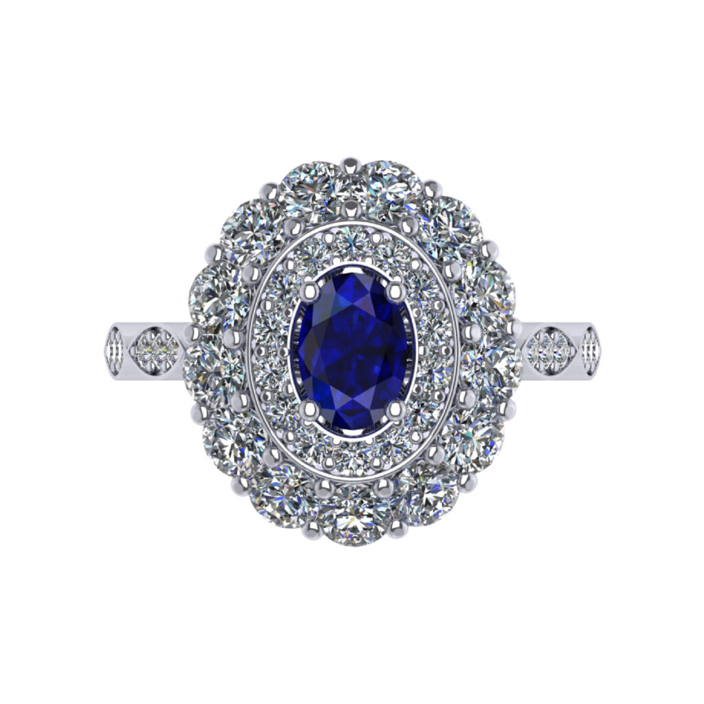 Blue Sapphire Double Halo Engagement Ring inspired by Princess Diana