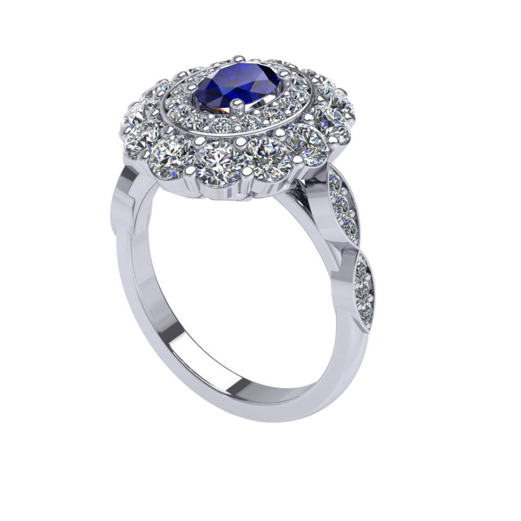 Blue Sapphire Double Halo Engagement Ring inspired by Princess Diana