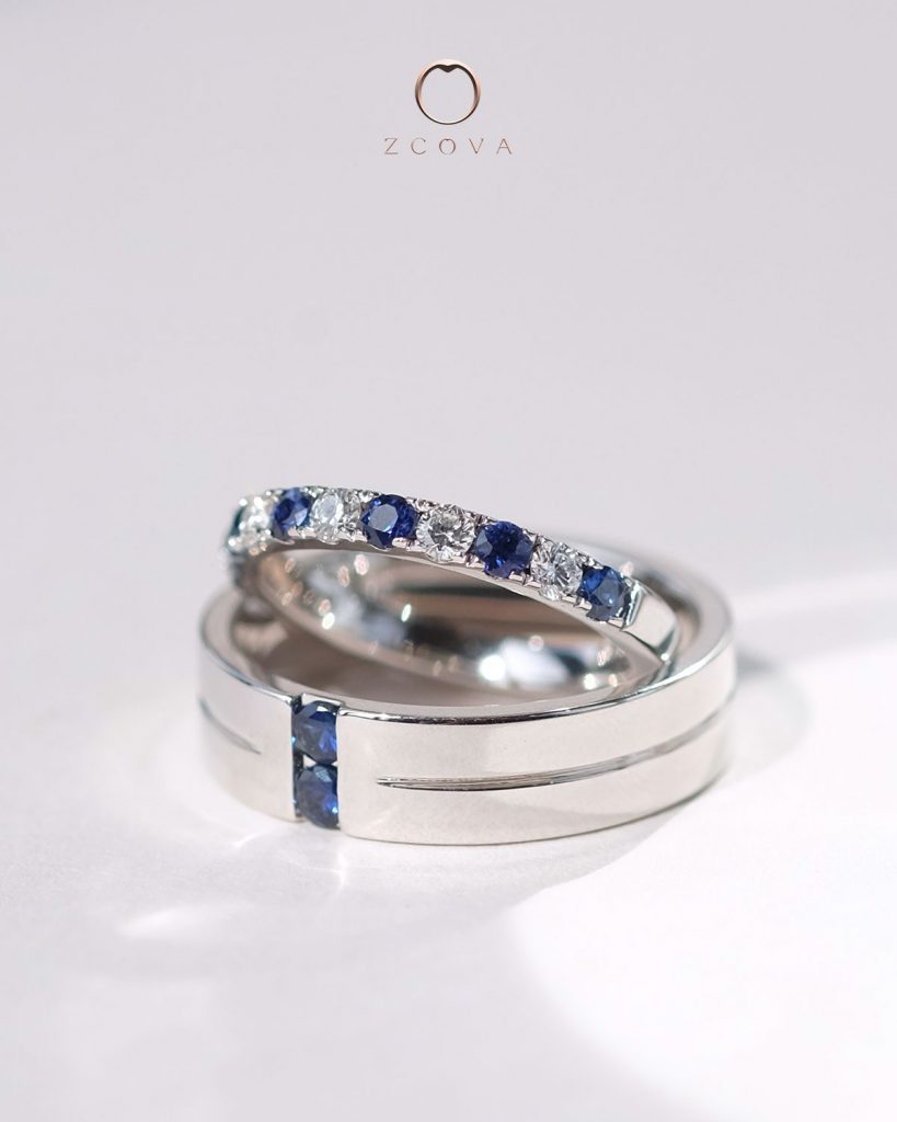 Alternating blue sapphire eternity band and men's wedding band ring