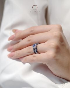 Blue Sapphire Three Row Triple Ring Stack with Eternity Band White Gold