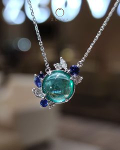 Cabochon Emerald Necklace with Side Blue Sapphires and Diamonds White Gold
