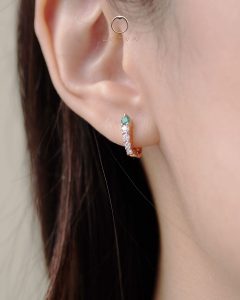 Green Emerald Gemstone Hoop Earring with Diamonds Rose Gold