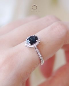 Oval Blue Sapphire Ring Classic Halo Pave Design white Gold
