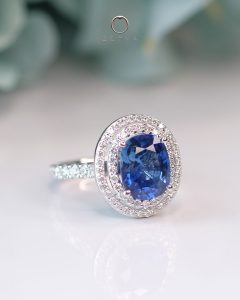 Oval Blue Sapphire Ring Lavish Double Halo Pave Design White Gold