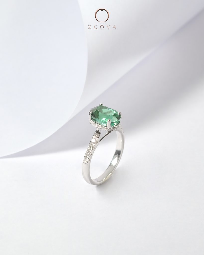 Oval Bluish Green Tourmaline Gemstone Ring Classic Hidden Halo Design White Gold