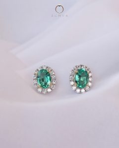 Oval Green Emerald Gemstone Stud Earrings Halo White Gold