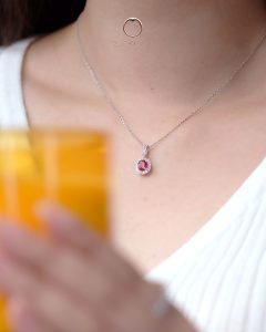 Oval Red Ruby Gemstone Pendant Necklace Classic Design Halo White Gold