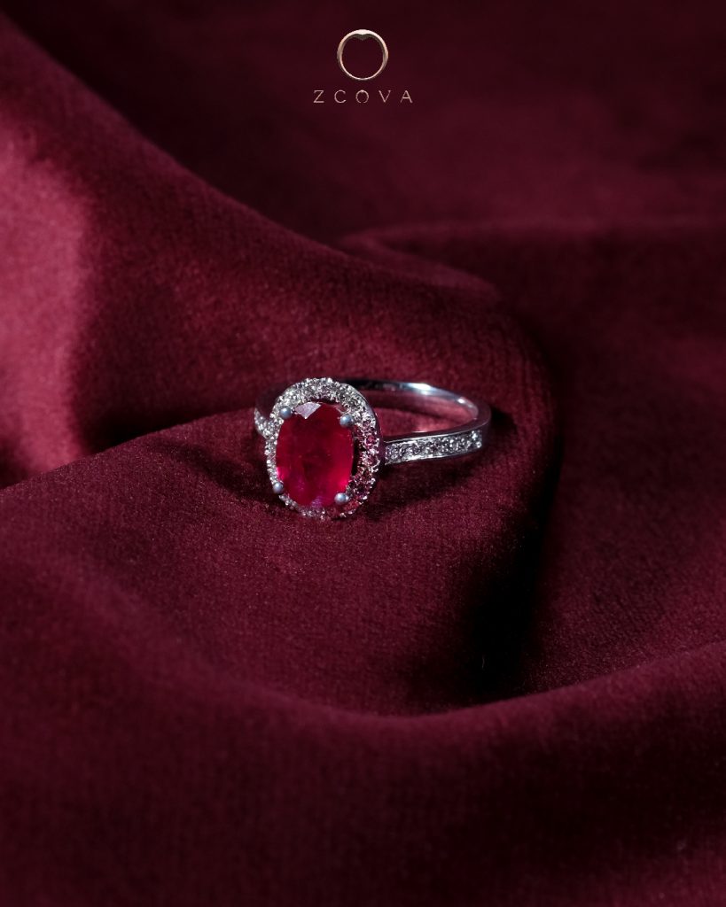 Oval Red Ruby Halo Engagement Ring