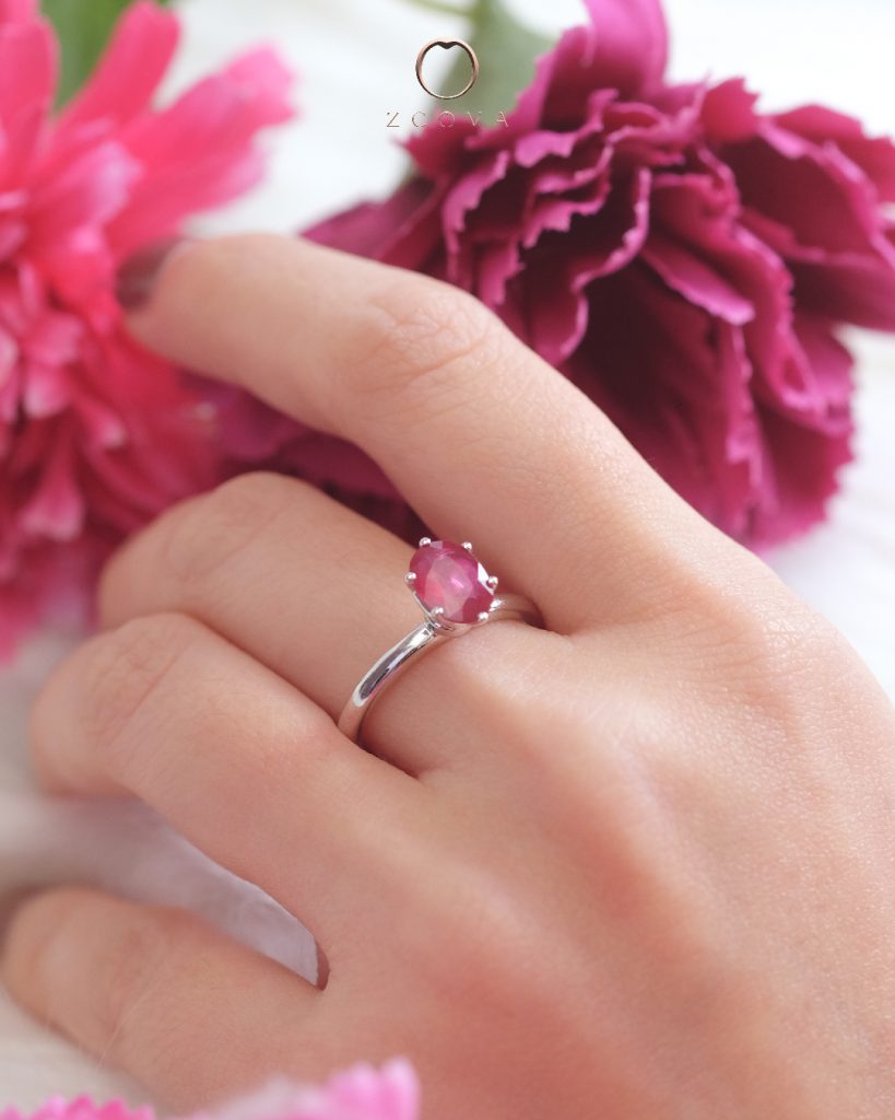 Oval Ruby Gemstone Ring with simple 6 prong design