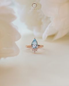 Pear-shaped Blue Aquamarine Gemstone Ring with Baguette and Marquise Diamonds Design Rose Gold