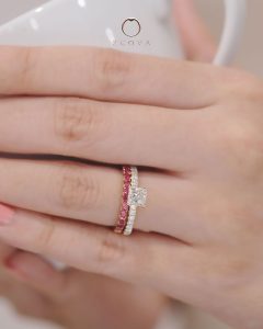 Princess Cut Diamond Engagement Ring with Ruby Gemstone Eternity Band