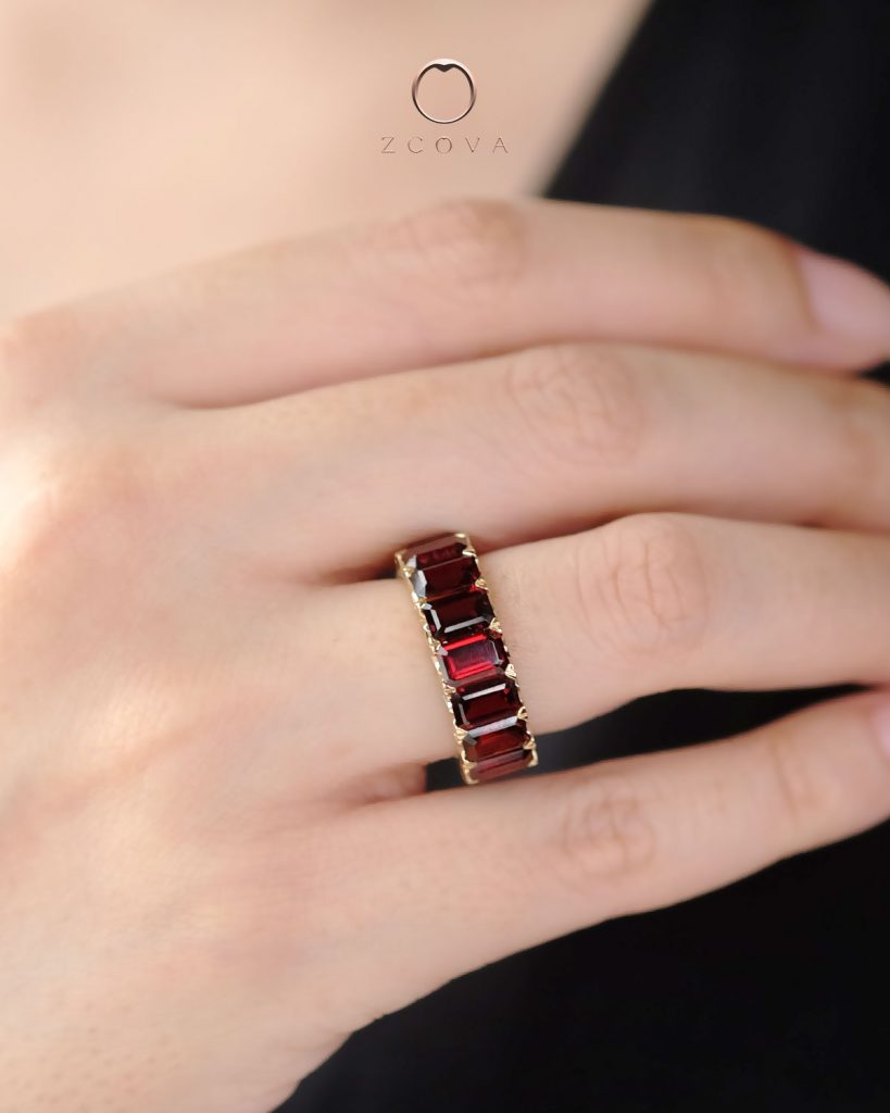 Red Garnet Gemstone Eternity Band Yellow Gold