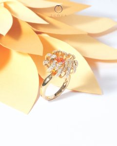 Spessartite Orange Garnet Gemstone Ring Chrysanthemum Flower Design Yellow Gold