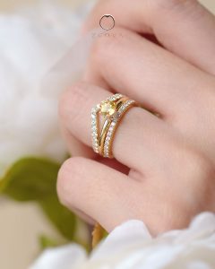 Yellow Sapphire Gemstone Ring Three Ring Stack with Diamond Eternity Band Yellow Gold