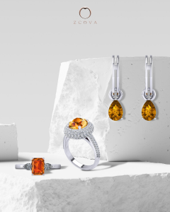 Yellow orange citrine gemstone rings and dangling earring white gold