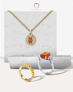 Yellow orange citrine gemstone rings, eternity band and pendant necklace white and yellow gold