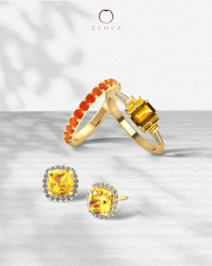 Yellow orange citrine gemstone rings, eternity band and stud earring yellow gold