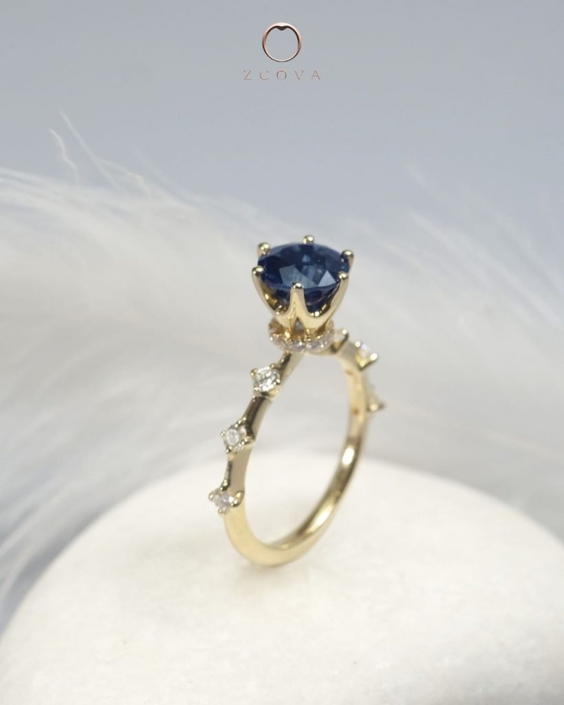 Customised Blue Sapphire with side diamonds engagement ring