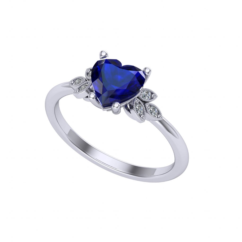 blue sapphire heart gemstone with side marquise diamond ring