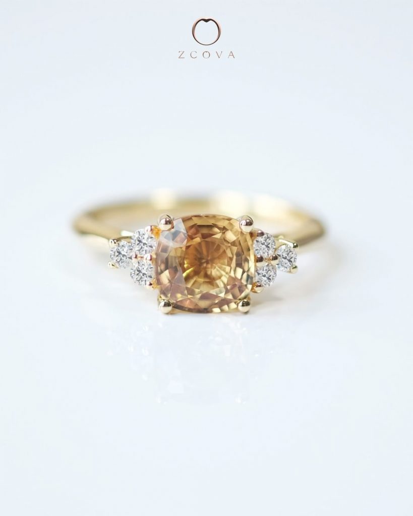 7 stone ring Cushion-cut yellow sapphire gemstone with 6 side diamonds