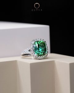 Cushion-cut Green Tourmaline Gemstone Halo Engagement Ring