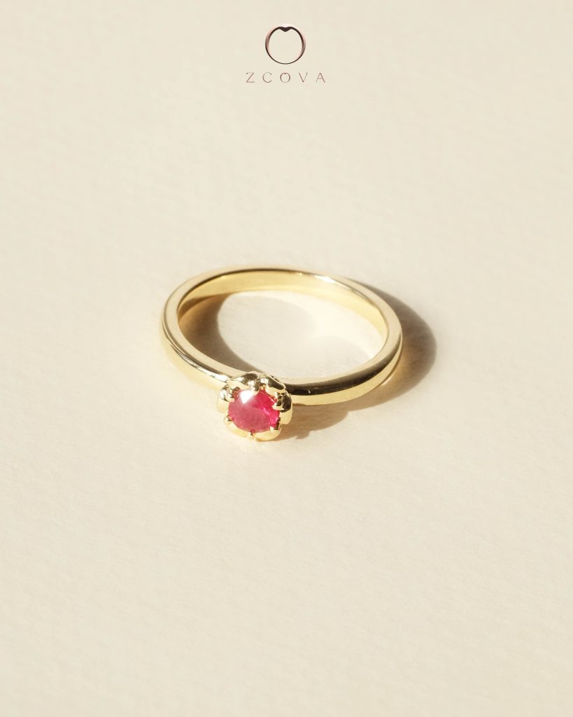 Round Ruby with floral design engagement ring