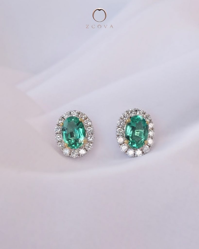 Bluish-green Emerald Gemstone Earring with Halo Diamonds