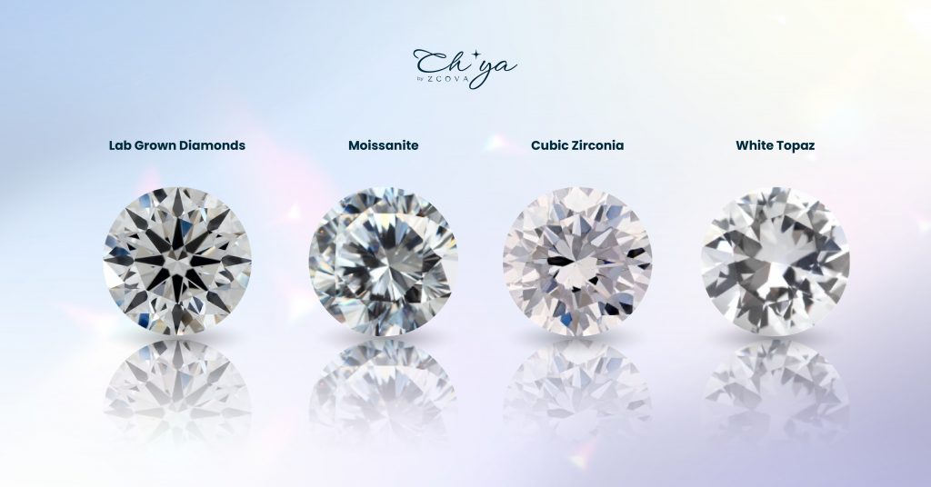 Lab Grown Diamonds compared to Moissanite, Cubic Zirconia and White Topaz Appearance 