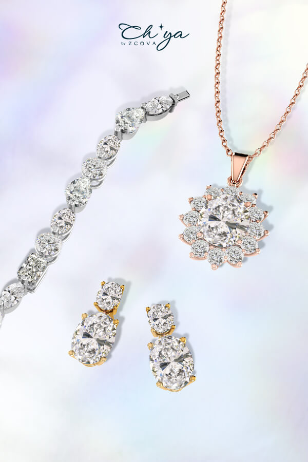 Ch'ya Halo Diamond Necklace, Tennis Bracelet and Oval Diamond Earrings