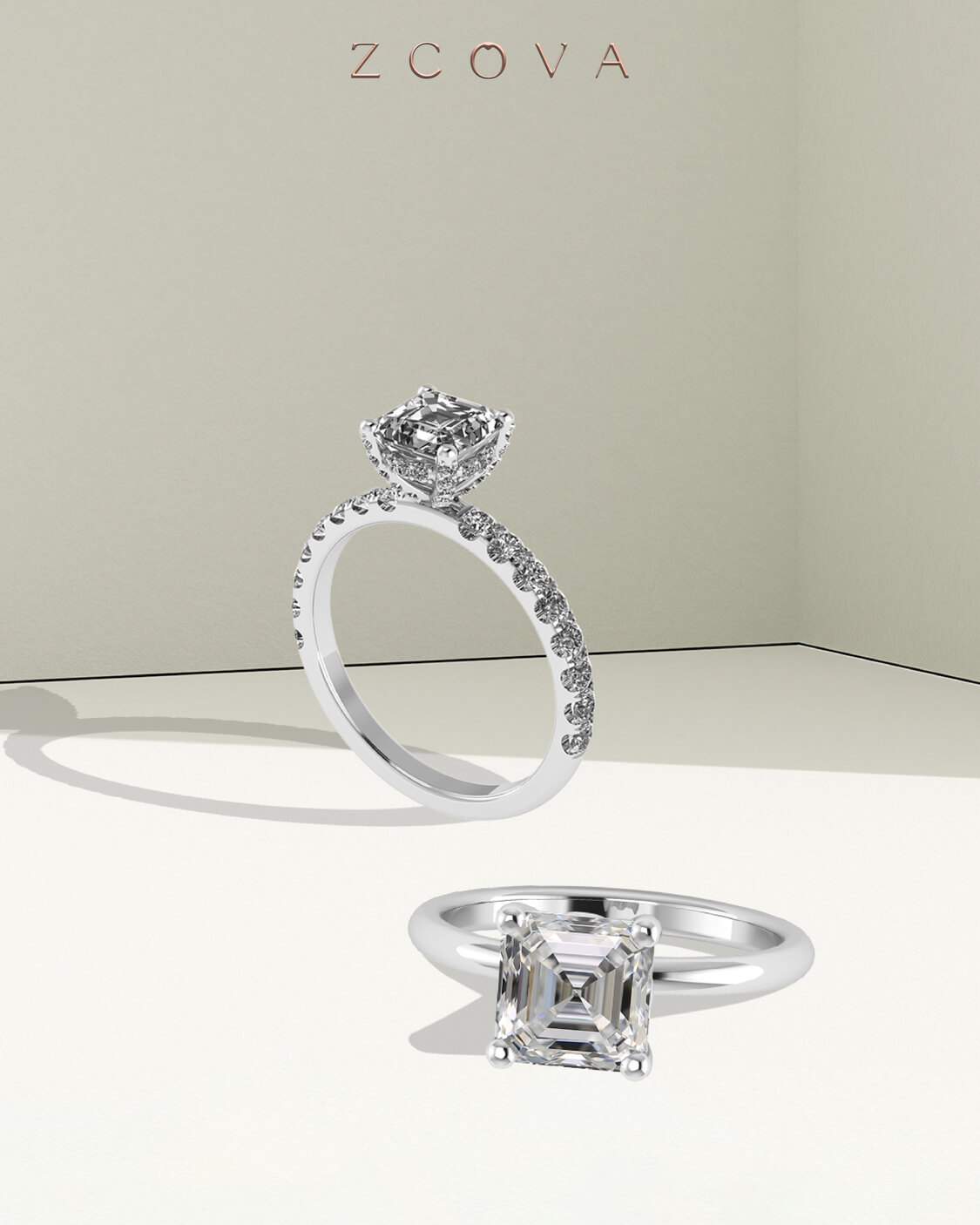 asscher diamond engagement ring with pave and solitaire setting