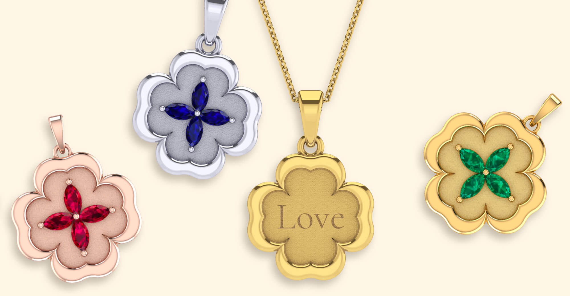 Clover shaped gold necklace with gemstone and engraving in the middle